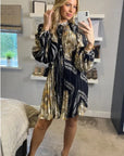 Black and Gold  Print Scarf print Full pleated Shirt dress