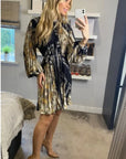 Black and Gold  Print Scarf print Full pleated Shirt dress