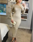 Ribbed midi Knit dress long sleeves in plain beige