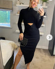 Soft Knitted Ribbed Midi Bodycon front OR back cut out design Dress In Black