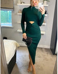 Soft Knitted Ribbed Midi Bodycon front OR back cut out design Dress In Green