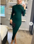 Soft Knitted Ribbed Midi Bodycon front OR back cut out design Dress In Green