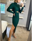 Soft Knitted Ribbed Midi Bodycon front OR back cut out design Dress In Green