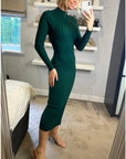 Soft Knitted Ribbed Midi Bodycon front OR back cut out design Dress In Green