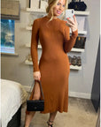 Soft Knitted Ribbed Midi Bodycon Dress tie up on back In Brown