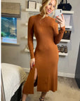 Soft Knitted Ribbed Midi Bodycon Dress tie up on back In Brown