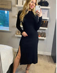 Soft Knitted Ribbed Midi Bodycon Dress tie up on back In Black