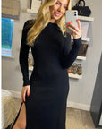Soft Knitted Ribbed Midi Bodycon Dress tie up on back In Black