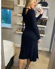 Soft Knitted Ribbed Midi Bodycon Dress tie up on back In Black