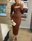 Lace up and cut out design Metallic midi bodycon dress in Brown