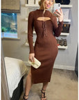 Lace up and cut out design Metallic midi bodycon dress in Brown