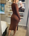 Lace up and cut out design Metallic midi bodycon dress in Brown