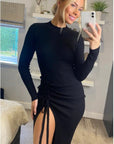 Soft Knitted Ribbed Midi Bodycon Side Split Tie up design Dress In Black