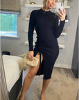 Soft Knitted Ribbed Midi Bodycon Side Split Tie up design Dress In Black