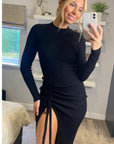 Soft Knitted Ribbed Midi Bodycon Side Split Tie up design Dress In Black