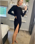 Soft Knitted Ribbed Midi Bodycon Side Split Tie up design Dress In Black