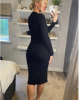 Soft Knitted Ribbed Midi Bodycon Side Split Tie up design Dress In Black