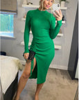 Soft Knitted Ribbed Midi Bodycon Side Split Tie up design Dress In Green
