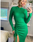 Soft Knitted Ribbed Midi Bodycon Side Split Tie up design Dress In Green