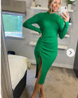 Soft Knitted Ribbed Midi Bodycon Side Split Tie up design Dress In Green