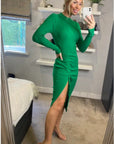 Soft Knitted Ribbed Midi Bodycon Side Split Tie up design Dress In Green
