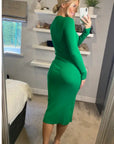 Soft Knitted Ribbed Midi Bodycon Side Split Tie up design Dress In Green