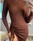 Soft Knitted Ribbed Midi Bodycon Side Split Tie up design Dress In Brown
