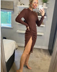 Soft Knitted Ribbed Midi Bodycon Side Split Tie up design Dress In Brown