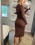 Soft Knitted Ribbed Midi Bodycon Side Split Tie up design Dress In Brown