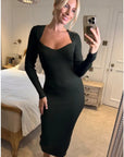 Soft Knitted Ribbed Midi Bodycon Dress Long Sleeve In Green