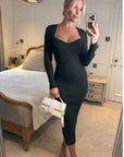 Soft Knitted Ribbed Midi Bodycon Dress Long Sleeve In Green