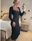 Soft Knitted Ribbed Midi Bodycon Dress Long Sleeve In Green