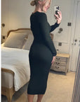 Soft Knitted Ribbed Midi Bodycon Dress Long Sleeve In Green