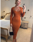 Soft Knitted Ribbed Midi Bodycon Dress Long Sleeve In Brown