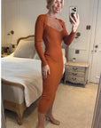 Soft Knitted Ribbed Midi Bodycon Dress Long Sleeve In Brown