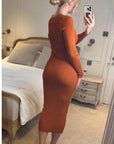 Soft Knitted Ribbed Midi Bodycon Dress Long Sleeve In Brown