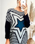 Star Striped Print Batwing Knitted Jumper Top (BLUE)