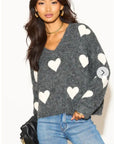 Brushed texture Love Heart Jacquard Pattern Embroidered Jumper in Grey
