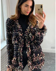 Black pink Color Tweed Effect Knitted short Cardigan Jacket