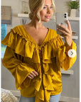 Front Frill detail long sleeves blouse top in Mustard Yellow