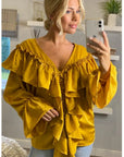 Front Frill detail long sleeves blouse top in Mustard Yellow