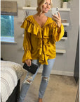 Front Frill detail long sleeves blouse top in Mustard Yellow