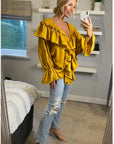 Front Frill detail long sleeves blouse top in Mustard Yellow