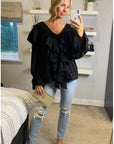 Front Frill detail long sleeves blouse top in black