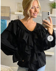Front Frill detail long sleeves blouse top in black