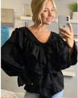 Front Frill detail long sleeves blouse top in black