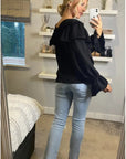 Front Frill detail long sleeves blouse top in black