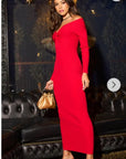 Soft Knit off the shoulder neckline long sleeves bodycon dress in red
