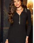 Black Soft knit long sleeves bodycon dress with cream line contrast design