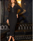 Black Soft knit long sleeves bodycon dress with cream line contrast design